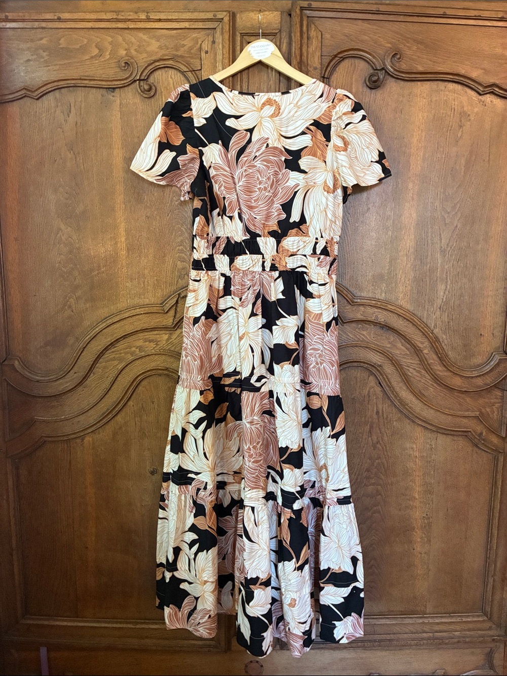 Cynthia Rowley Black Floral V-Neck Tiered Midi Dress - Picture 6 of 8